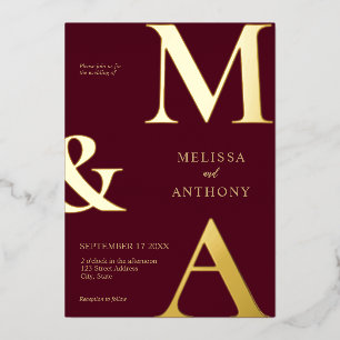 Invitation En Aluminium Mariage Monogramme Or Bourgogne Minimaliste Modern