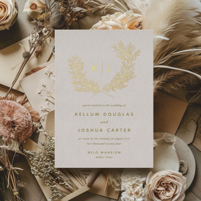 Invitation En Aluminium Mariage Monogramme Or Distingué (Distinguished monogram laurels gold foiled wedding invitations.)