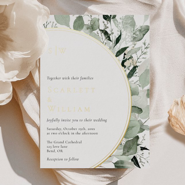 Invitation En Aluminium Mariage Monogramme Or Feuilles d'Eucalyptus FOIL (Créateur téléchargé)