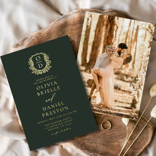 Invitation En Aluminium Mariage Monogramme Photo en Or Feuille Vert Emerau