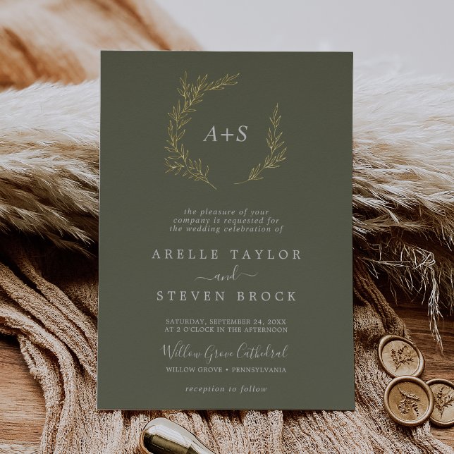 Invitation En Aluminium Mariage Monogramme vert foncé à feutre minimal (Créateur téléchargé)
