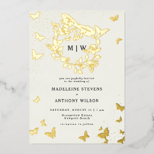 Invitation En Aluminium Mariage Monogrammes Crête Papillon Ivoire Or