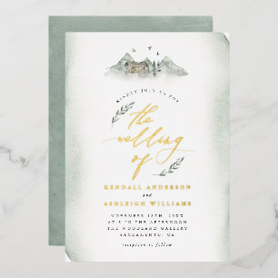 Invitation En Aluminium Mariage Montagne et Feuilles Aquarelle Vert Countr