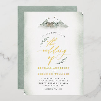 Invitation En Aluminium Mariage Montagne et Feuilles Aquarelle Vert Countr