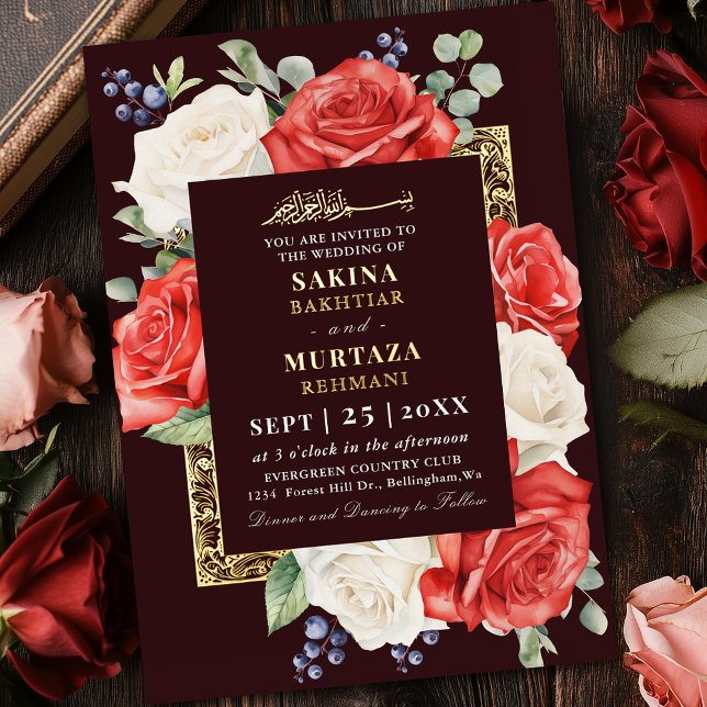 Invitation En Aluminium Mariage Musulman Bourguignon Floral Rouge et Blanc (Créateur téléchargé)