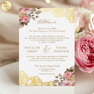 Invitation En Aluminium Mariage Musulman Code QR Broderie Dorée Fleur Rose