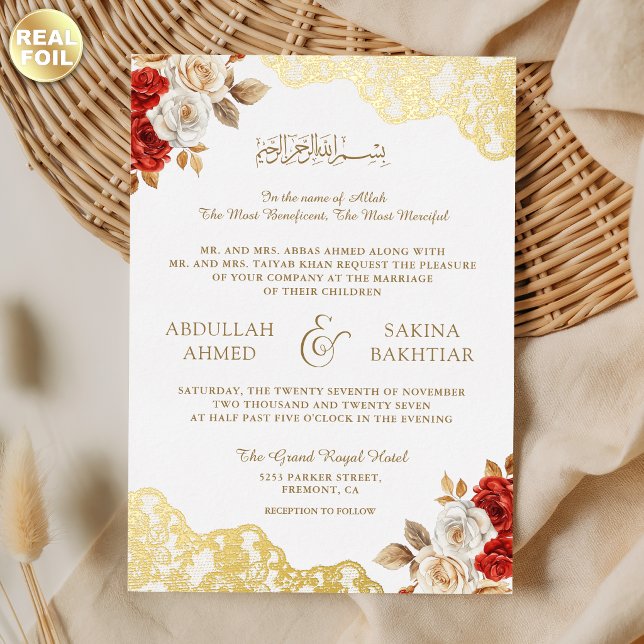 Invitation En Aluminium Mariage Musulman Code QR Broderie Dorée Fleurs en  (Créateur téléchargé)