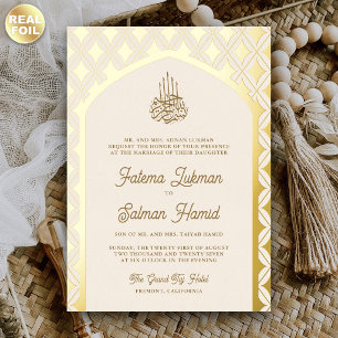 Invitation En Aluminium Mariage Musulman Crème Or Diamants Arche