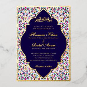 Invitation En Aluminium Mariage Musulman Motif Floral Ivoire Sarcelle Bleu