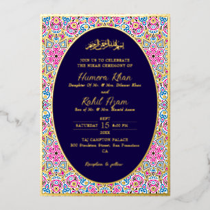 Invitation En Aluminium Mariage musulman orné d'or et de bleu de la marine