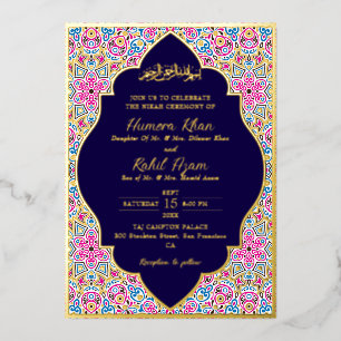 Invitation En Aluminium Mariage musulman orné d'or et de bleu de la marine