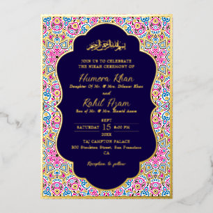 Invitation En Aluminium Mariage musulman orné d'or et de bleu de la marine