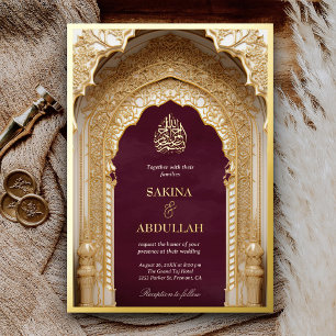Invitation En Aluminium Mariage Musulman Pourpre Arc Islamique Royale Or