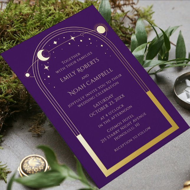 Invitation En Aluminium Mariage mystique violet or Sun Moon étoiles (Créateur téléchargé)