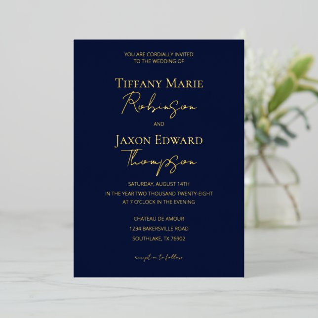 Invitation En Aluminium Mariage Navy Blue and Gold Luxe (Debout devant)