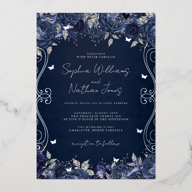 Invitation En Aluminium Mariage Navy Silver Swirl Scroll  (Recto)