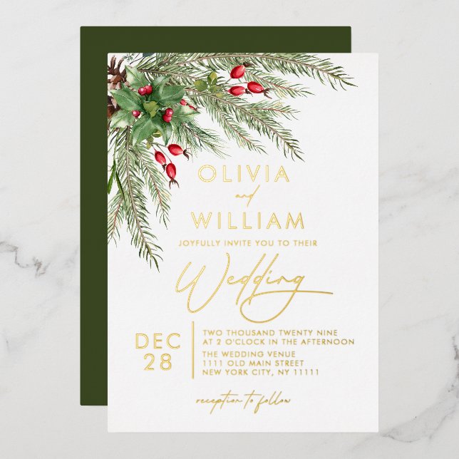Invitation En Aluminium Mariage Noël de verdure hivernale rustique (Recto/Verso)