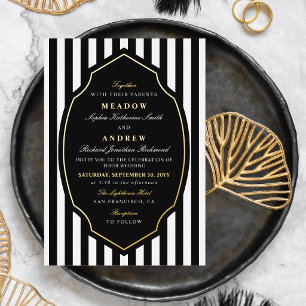 Invitation En Aluminium Mariage Noir Blanc & Or Avec Rayures