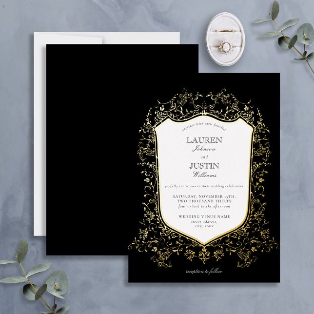 Invitation En Aluminium Mariage noir et or classique Crest (Créateur téléchargé)