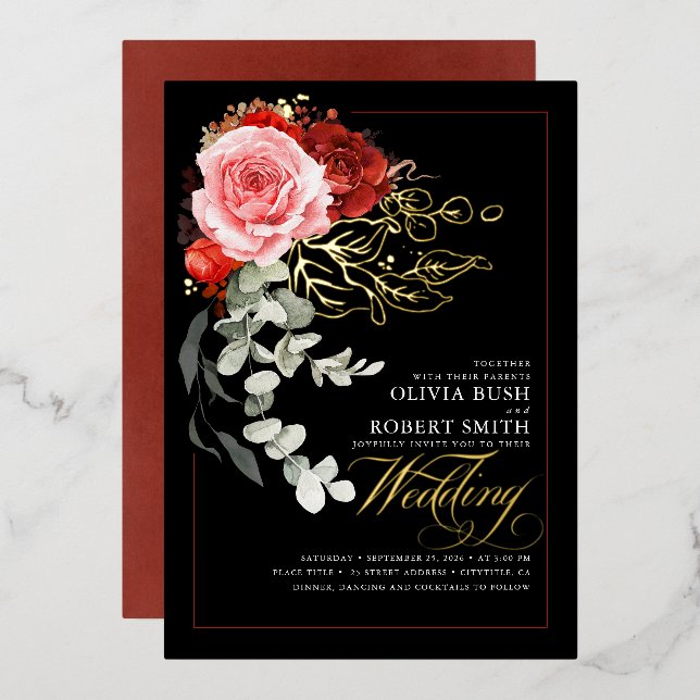 Invitation En Aluminium Mariage noir Eucalyptus rouge Bourgogne (Recto/Verso)