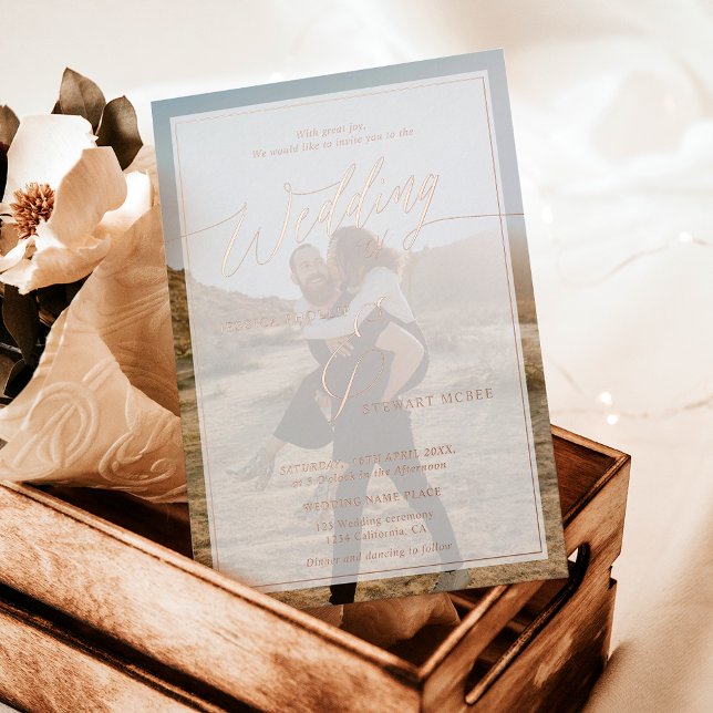 Invitation En Aluminium Mariage noir moderne script photo rose or (Modern black wedding script photo rose gold foil invitation)