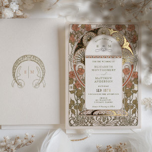 Invitation En Aluminium Mariage Or Art Nouveau Doré Orange Brûlé Mucha