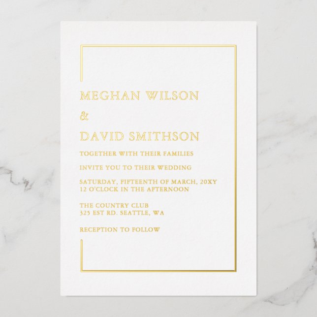 Invitation En Aluminium Mariage or blanc simple et élégant (Recto)