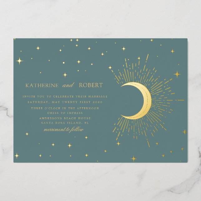 Invitation En Aluminium mariage or étoiles célestes de minuit sage (Recto)