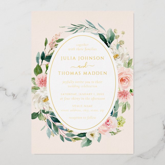 Invitation En Aluminium Mariage or floral Blush (Recto)