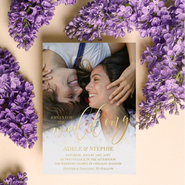 Invitation En Aluminium Mariage Or Script Photo Double Face (Créateur téléchargé)