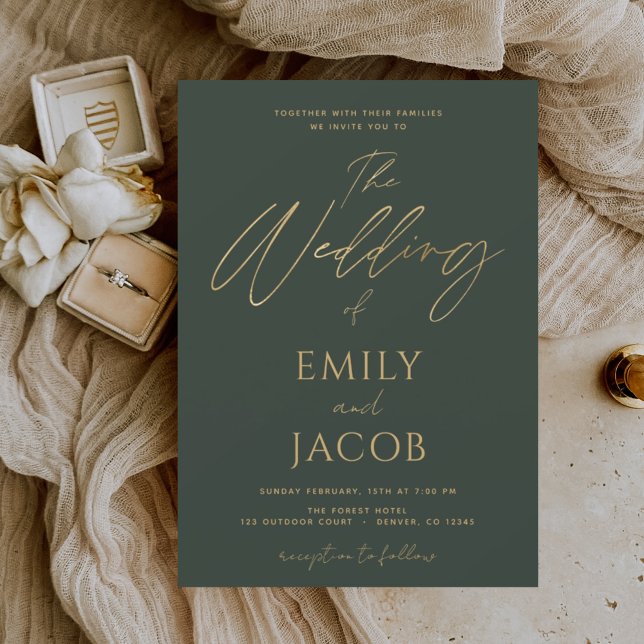 Invitation En Aluminium Mariage Or Vert Typographie Moderne Script (Créateur téléchargé)