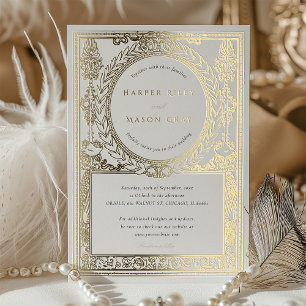 Invitation En Aluminium Mariage Orné de Lauriers en Or Doré Vintage