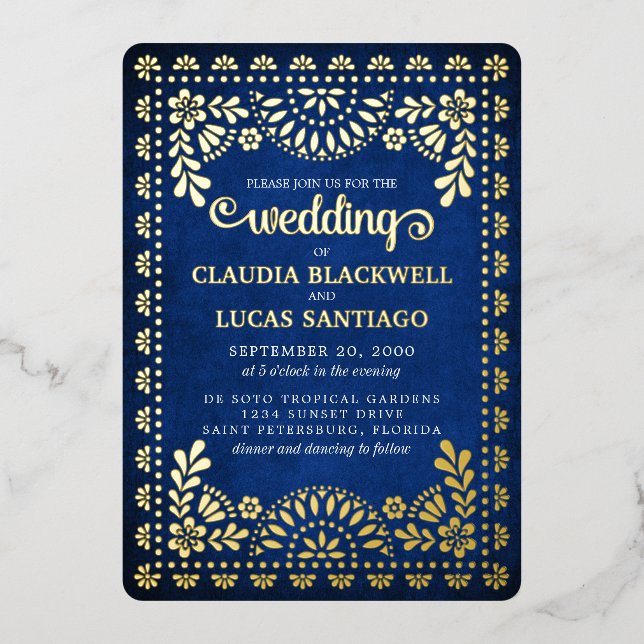 Invitation En Aluminium Mariage Papier Picado Navy (Recto)