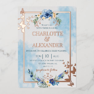 Invitation En Aluminium Mariage papillon élégant floral bleu en feuille mé