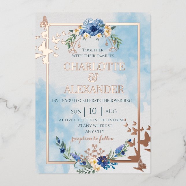Invitation En Aluminium Mariage papillon élégant floral bleu en feuille mé (Recto)