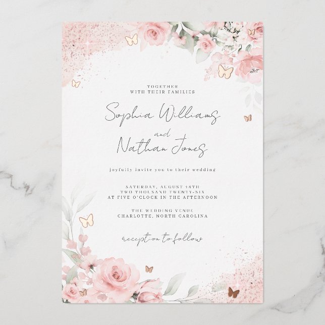 Invitation En Aluminium Mariage Papillon Rose Fardé  (Recto)