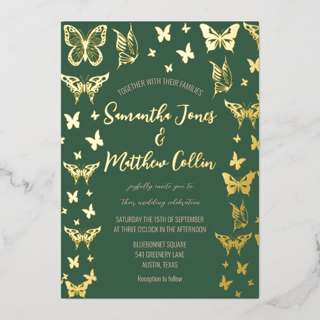 Invitation En Aluminium Mariage Papillons Bohème Vert Feuille d'Or (Recto)