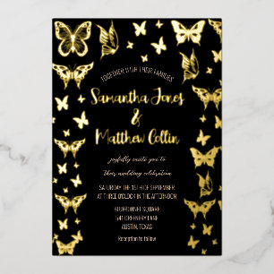 Invitation En Aluminium Mariage Papillons Boho Noir Feuille D'or