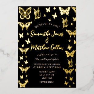 Invitation En Aluminium Mariage Papillons Boho Noir Feuille D'or