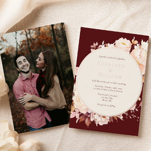 Invitation En Aluminium Mariage photo automnal floral bordeaux crème FOIL