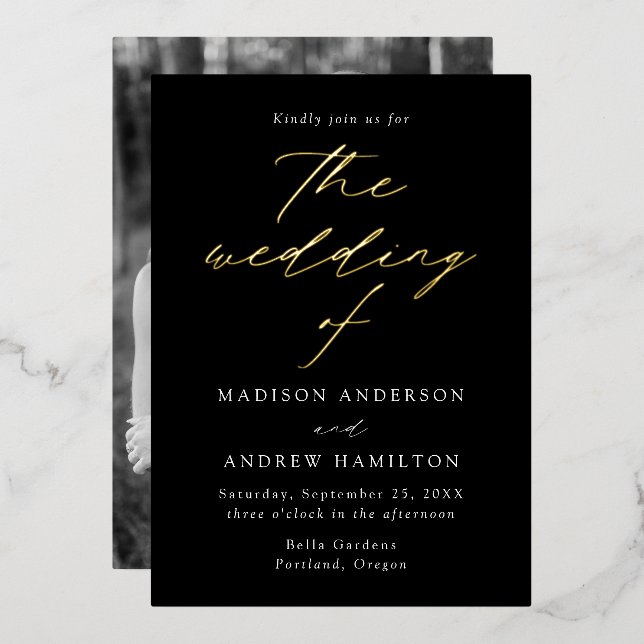 Invitation En Aluminium Mariage photo Black and Gold Modern Elegance (Recto/Verso)
