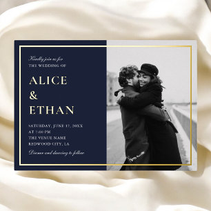 Invitation En Aluminium Mariage Photo Calligraphie Classique Bleu Nuit