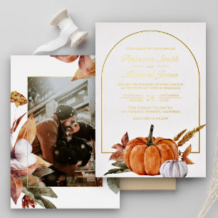 Invitation En Aluminium Mariage Photo Citrouille Arche Bohème Rustique Or