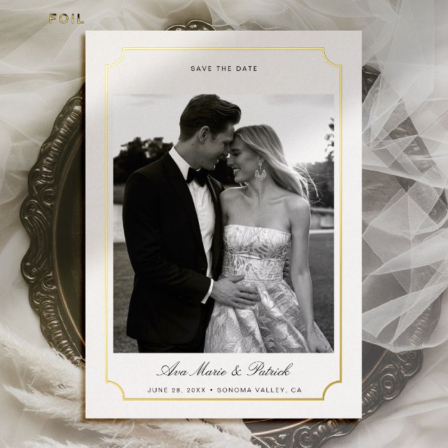 Invitation En Aluminium Mariage photo de cadre de pétoncle d'or moderne Da (wedding photo save the date gold scalloped frame formal modern classic elegant calligraphy)