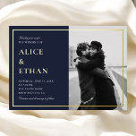 Invitation En Aluminium Mariage photo de la Marine classique<br><div class="desc">Voici notre Elegant Faire-part de mariage bleu marine, conçu pour capturer une beauté intemporelle. Sur le devant, le côté gauche présente vos détails mariages dans une combinaison sophistiquée de police serif et de calligraphie classique, tandis que la droite présente une photo chère. Les noms du couple et la frontière sont...</div>
