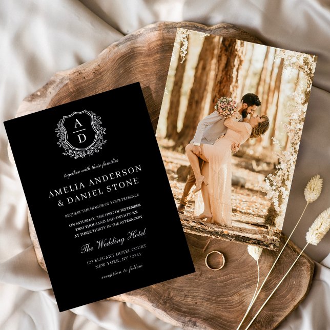 Invitation En Aluminium Mariage photo de monogramme de crête feuillue en a (Créateur téléchargé)