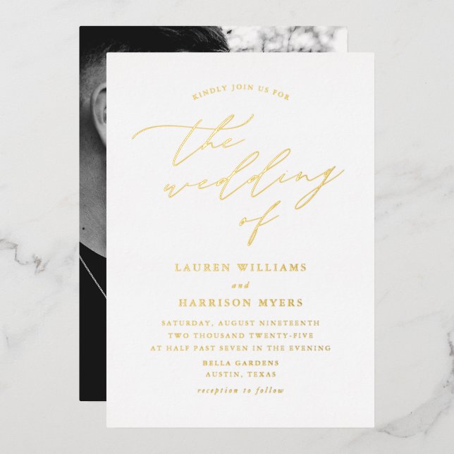 Invitation En Aluminium Mariage photo écriture blanche et or (Recto/Verso)