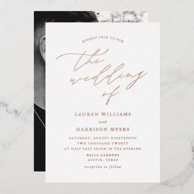 Invitation En Aluminium Mariage photo écriture or et blanc (Recto/Verso)