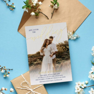 Invitation En Aluminium Mariage Photo Écriture Or Rejoignez-Nous Bleu Mari