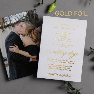 Invitation En Aluminium Mariage photo élégante typographie blanche et or